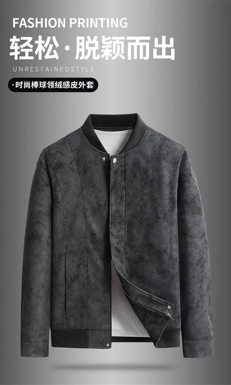 Trend Baseball Collar Leather Jacket for Men's High End Suede Casual Short Coat Social Business Motorcycle Jacket Streetwear
