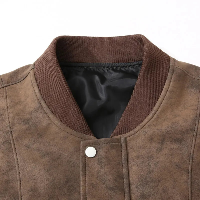 Trend Baseball Collar Leather Jacket for Men's High End Suede Casual Short Coat Social Business Motorcycle Jacket Streetwear