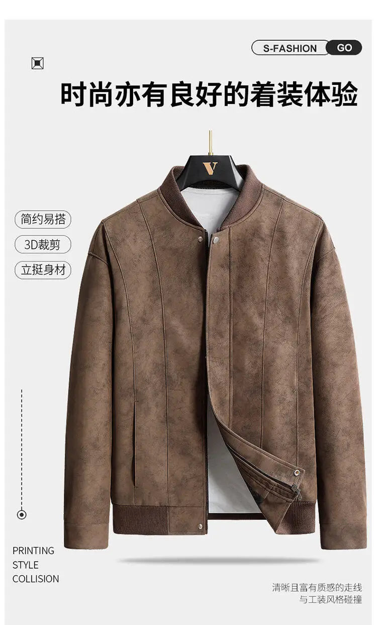 Trend Baseball Collar Leather Jacket for Men's High End Suede Casual Short Coat Social Business Motorcycle Jacket Streetwear