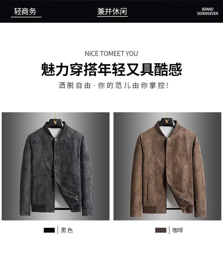 Trend Baseball Collar Leather Jacket for Men's High End Suede Casual Short Coat Social Business Motorcycle Jacket Streetwear